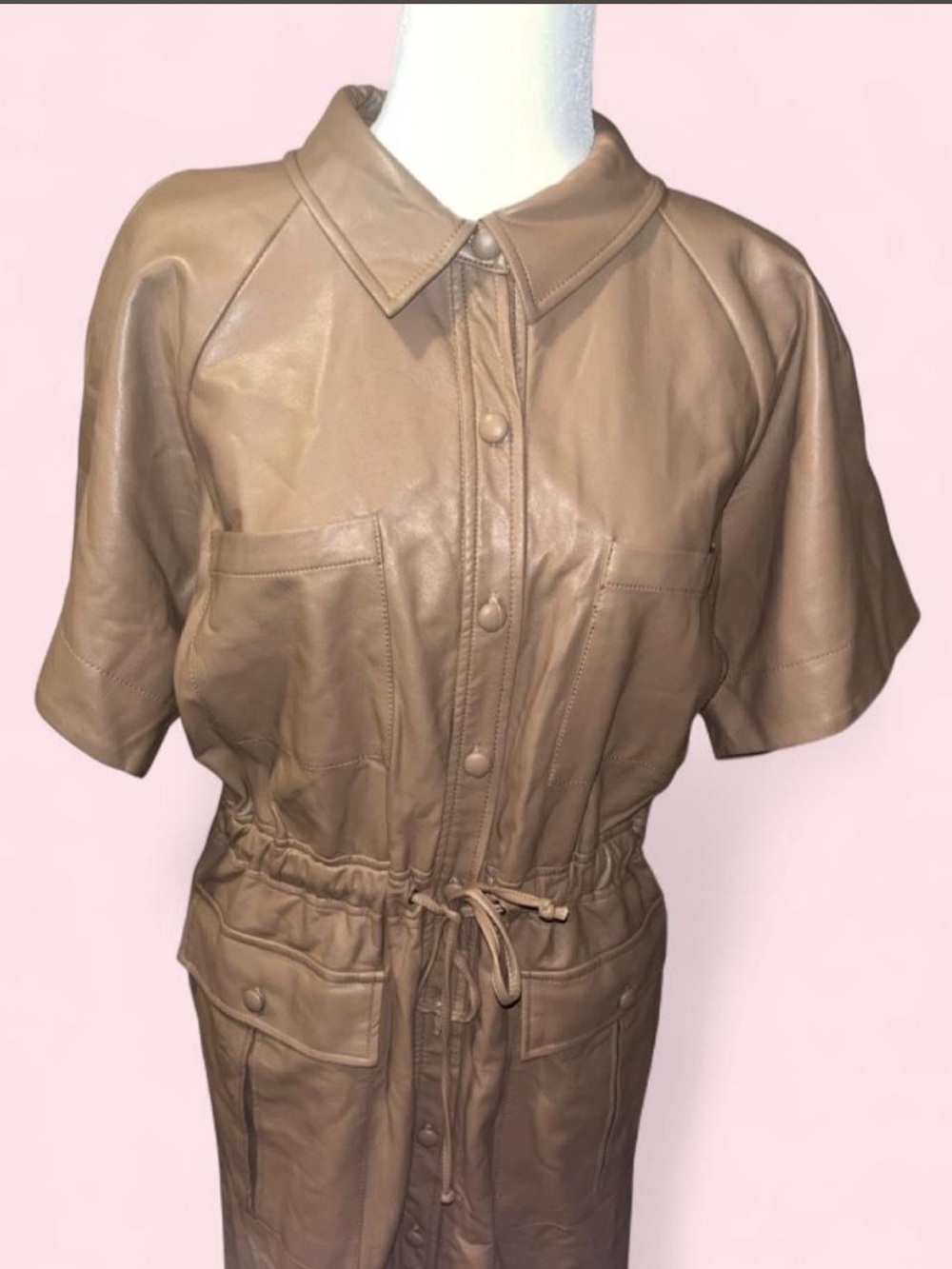 Who What Wear Tan Short-Sleeve Leather Drawstring Dress